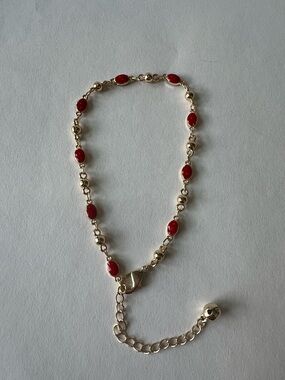14k Gold Plated Chain Bracelet/Anklet with Red Bead Accents